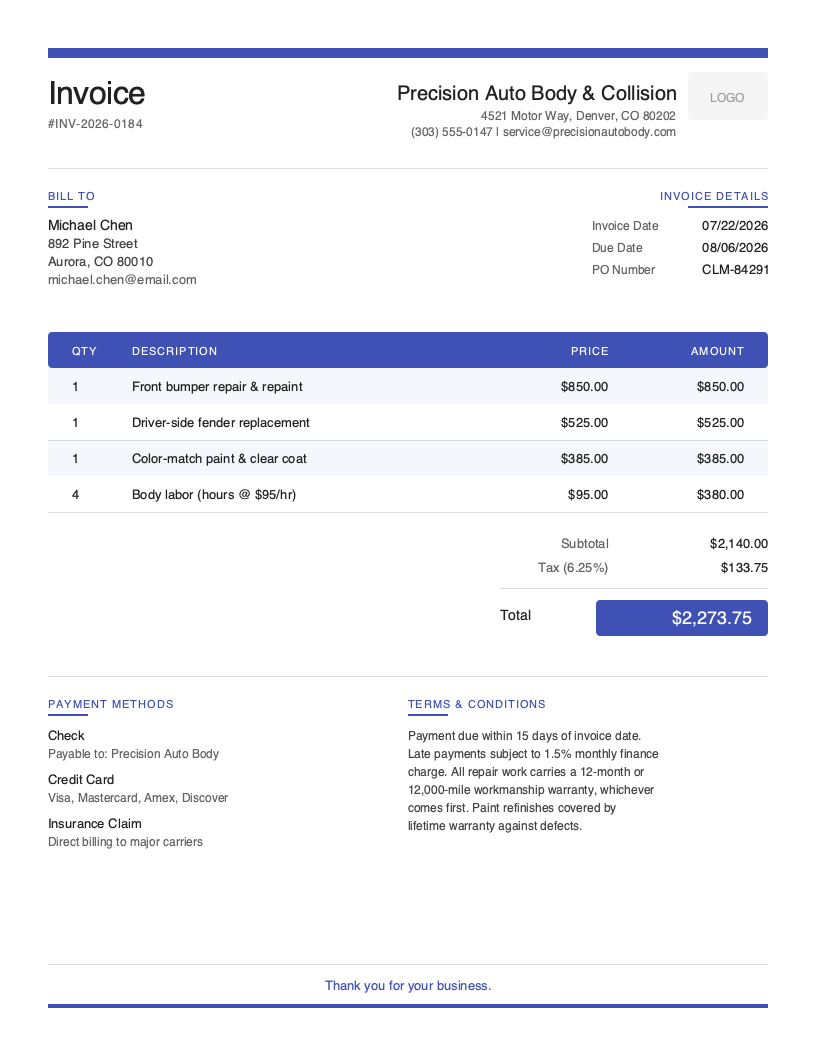 Modern Auto Body Invoice Template