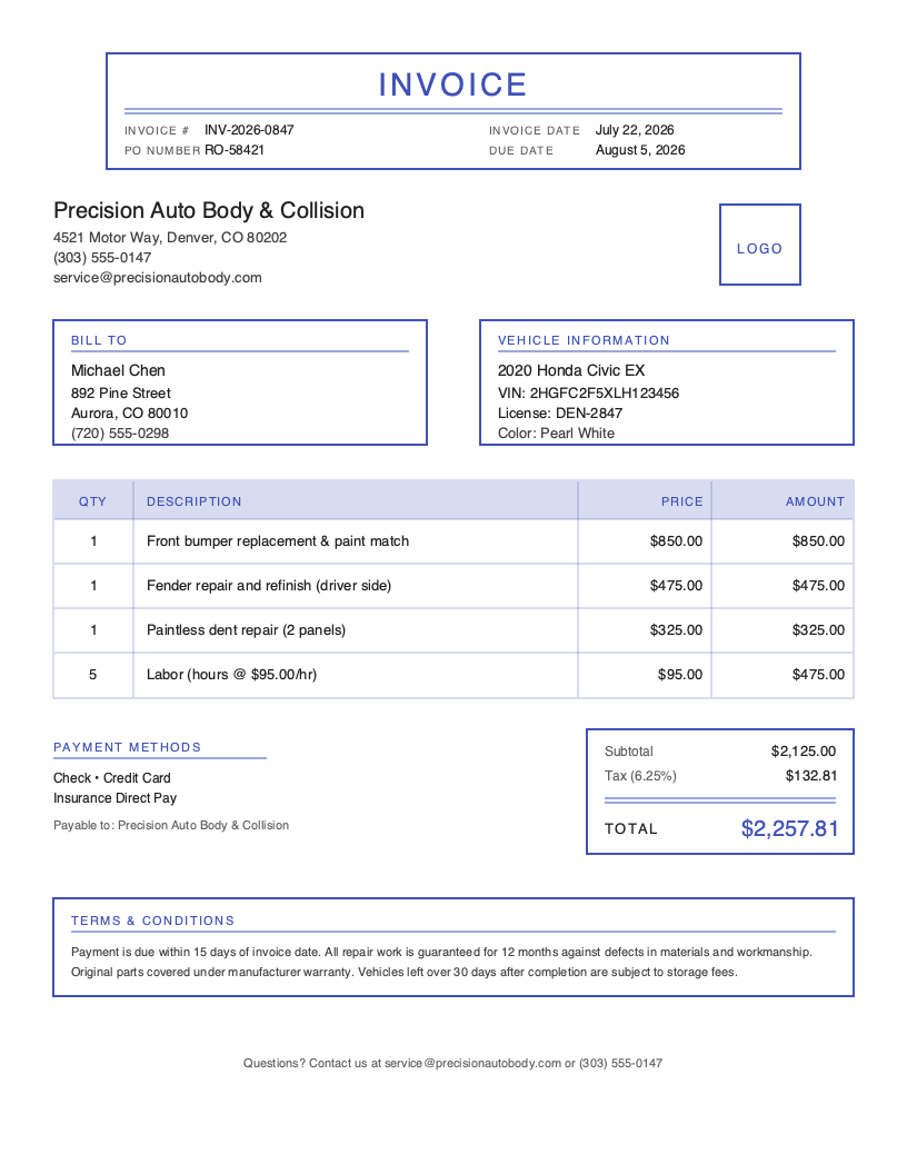 Classic Auto Body Invoice Template