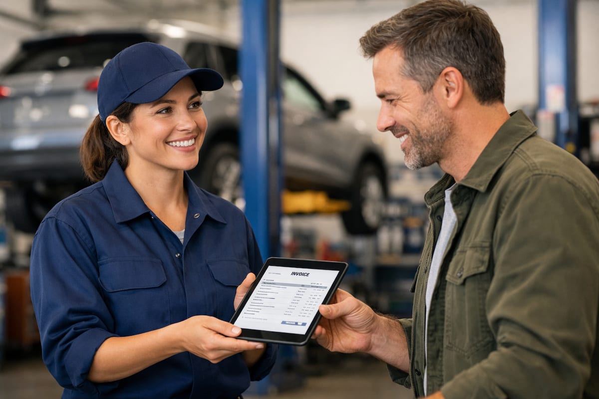 Professional auto repair invoice template showing itemized parts and labor breakdown with state compliance requirements and warranty documentation