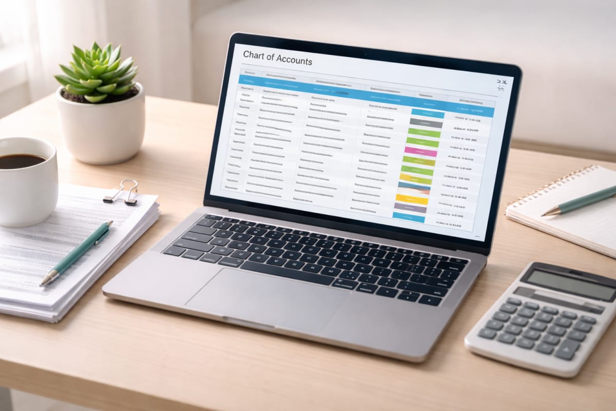 Sample chart of accounts for small business showing five account categories with account numbers and descriptions for service businesses