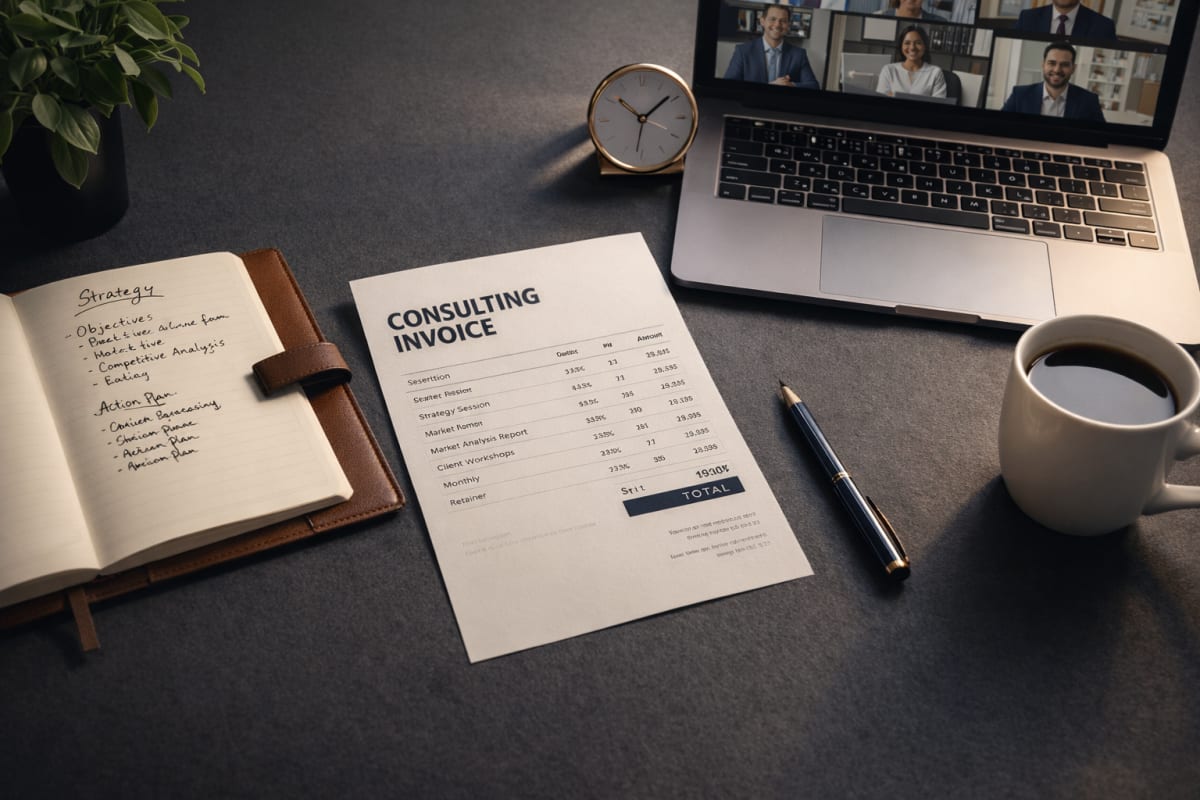How to write an invoice for consulting work infographic showing essential invoice elements including billing models, milestone payments, and scope documentation for professional consultants