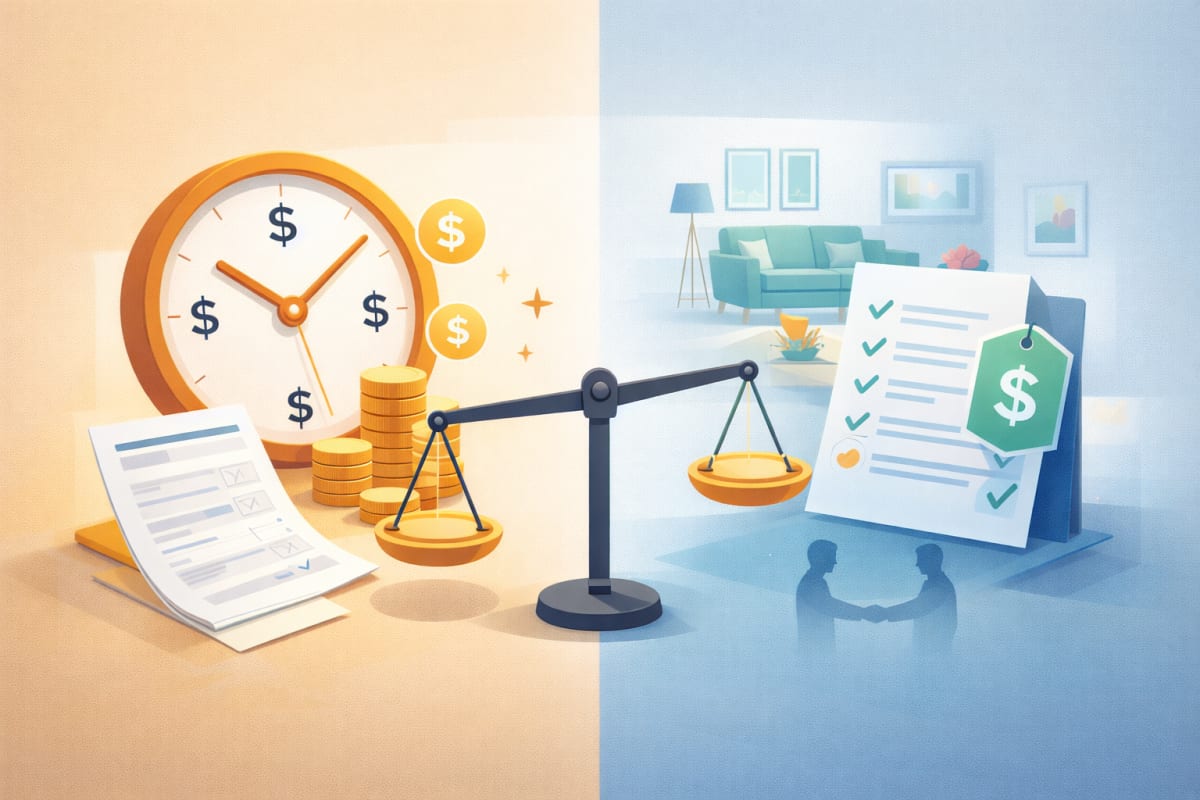 Flat rate vs hourly rate comparison chart showing pricing pros, cons, and hybrid strategies for service businesses
