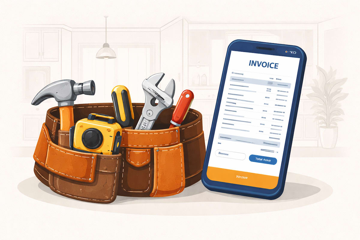 Handyman reviewing a professional invoice on a tablet while standing in a client's home
