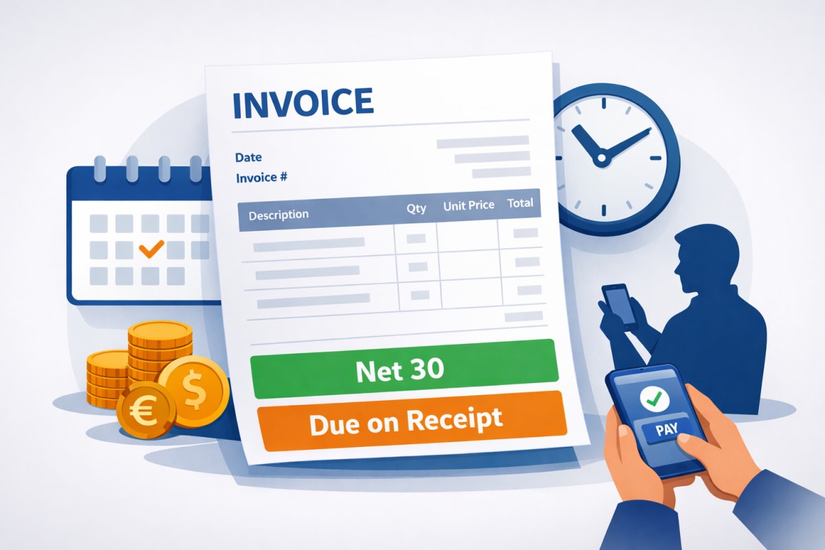 Invoice payment terms examples comparison chart showing Net 30, Net 60, and Due on Receipt payment options