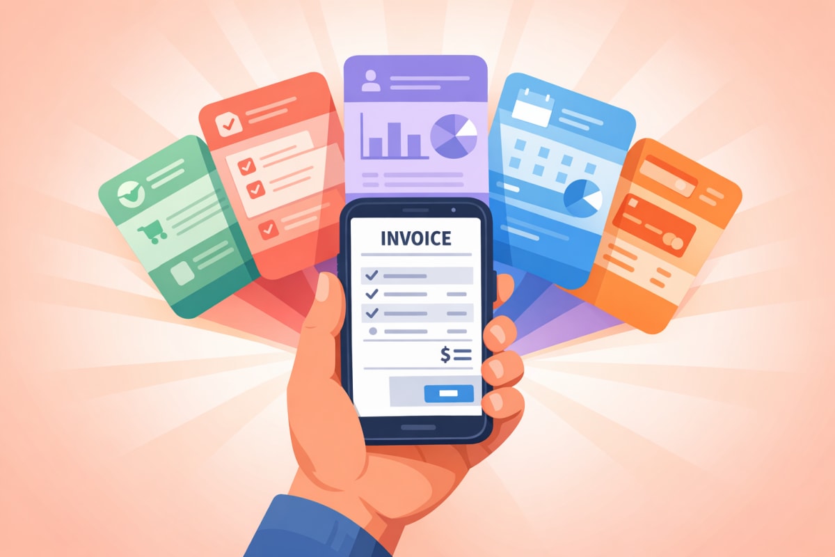 Hand holding a smartphone with an invoice on screen as seven colorful app interface cards fan outward, representing the best Invoice Simple alternatives
