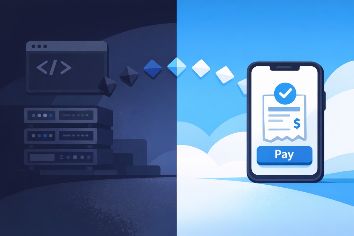 Split-screen illustration contrasting a dark terminal with server icons on the left and a bright clean mobile invoice interface on the right, representing the shift from complex self-hosted software to simpler Invoice Ninja alternatives