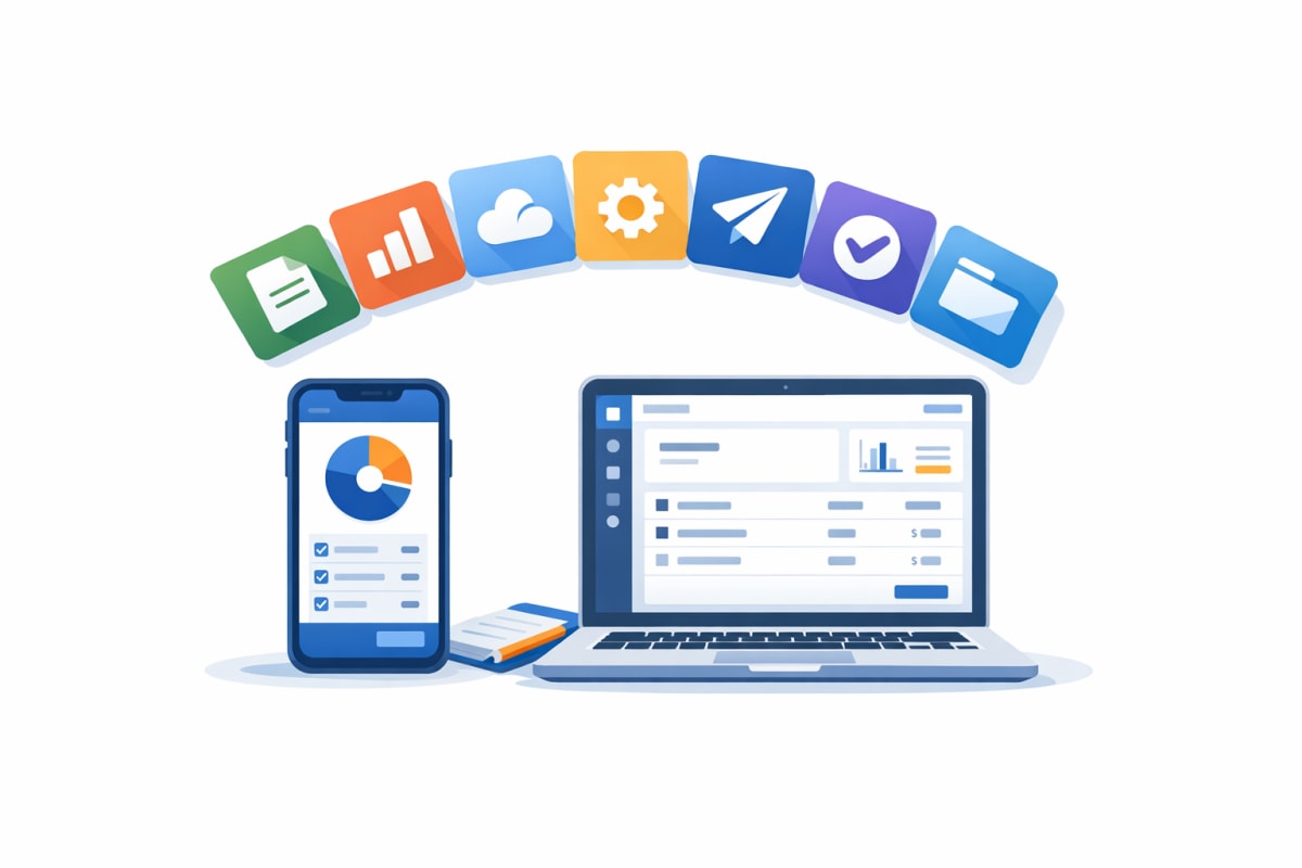 Smartphone and laptop displaying invoicing app interfaces with seven alternative software option cards fanning out, representing the best Billdu alternatives for small businesses