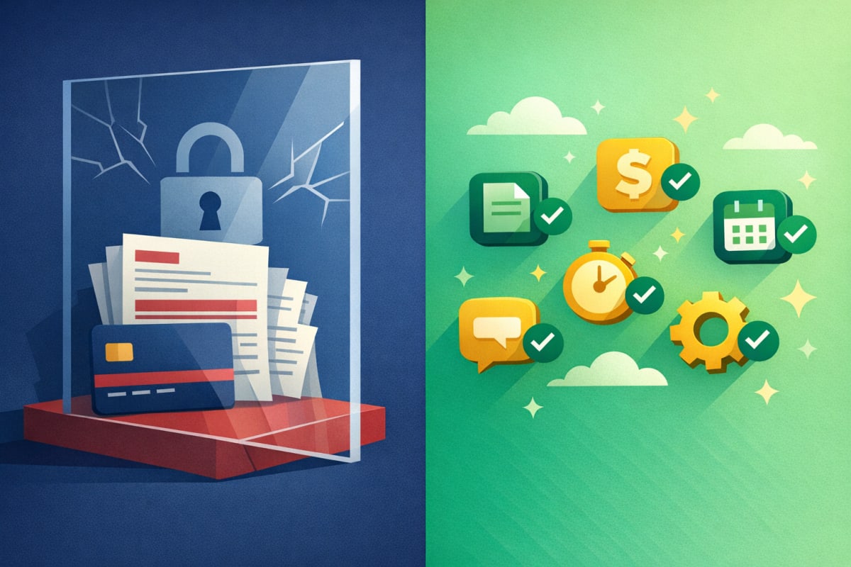 Illustration of invoices behind a paywall barrier on one side and seven unlocked app icons floating freely on the other, representing affordable Invoice2Go alternatives