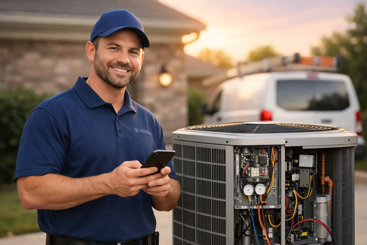 HVAC technician creating professional invoice on mobile device showing equipment details, parts list, and payment terms