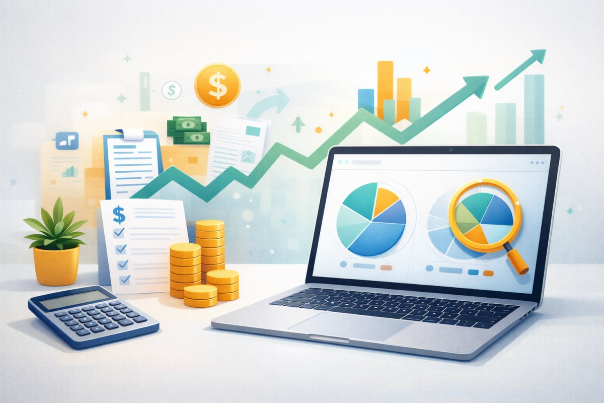 Infographic showing four profitability ratios for small business: gross profit margin, net profit margin, overhead ratio, and labor efficiency ratio with formulas and benchmark ranges