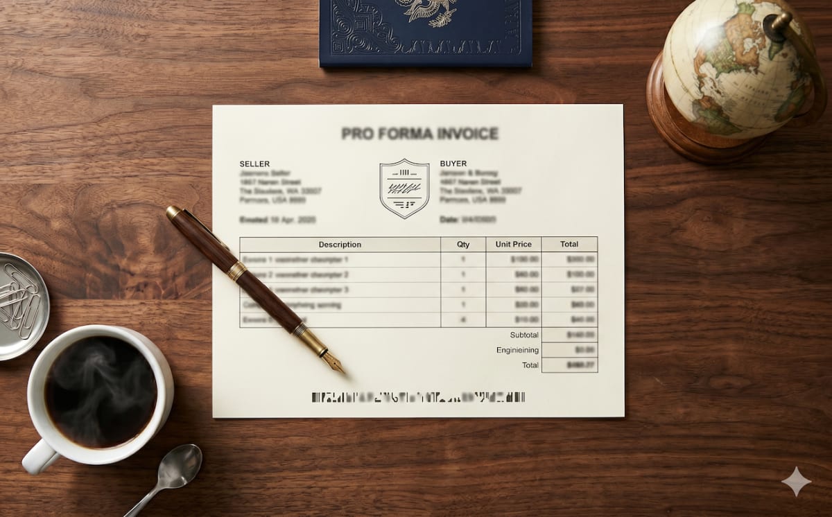 Pro forma invoice template example showing required fields for international shipping and customs documentation