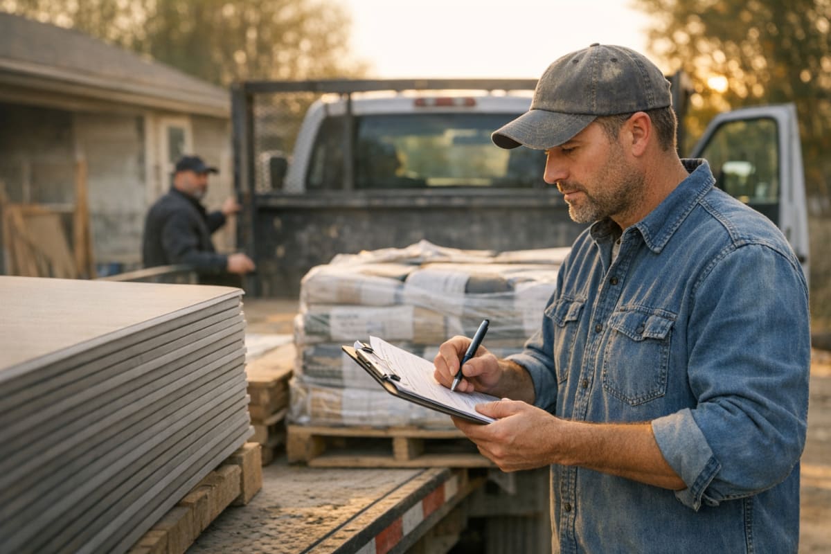 A contractor at a residential job site holding a clipboard and inspecting a delivery of drywall sheets and building materials on a flatbed truck in the early morning.