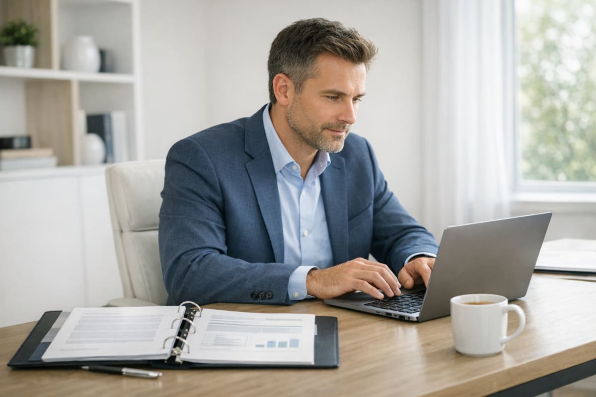 A small business consultant working on a business proposal document at a modern desk with a laptop, printed proposal, and coffee in soft natural daylight.