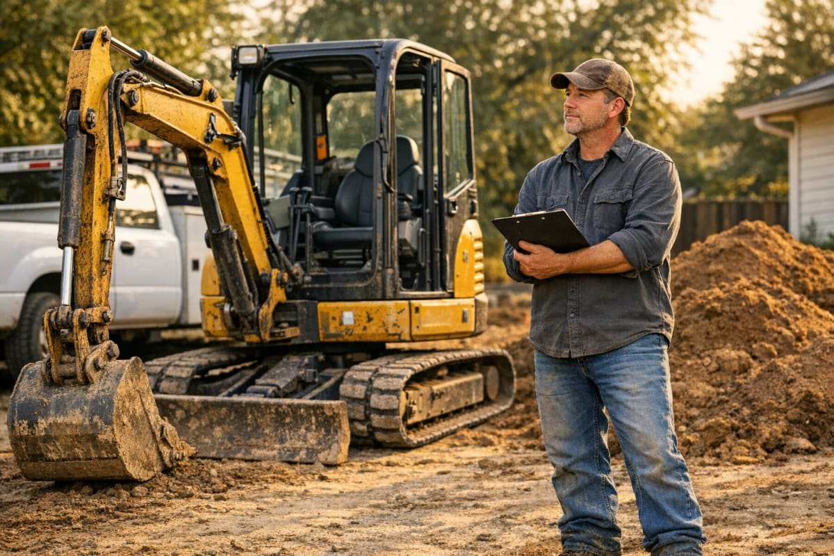 A small business owner stands beside a mini excavator on a job site holding a clipboard, evaluating the equipment.