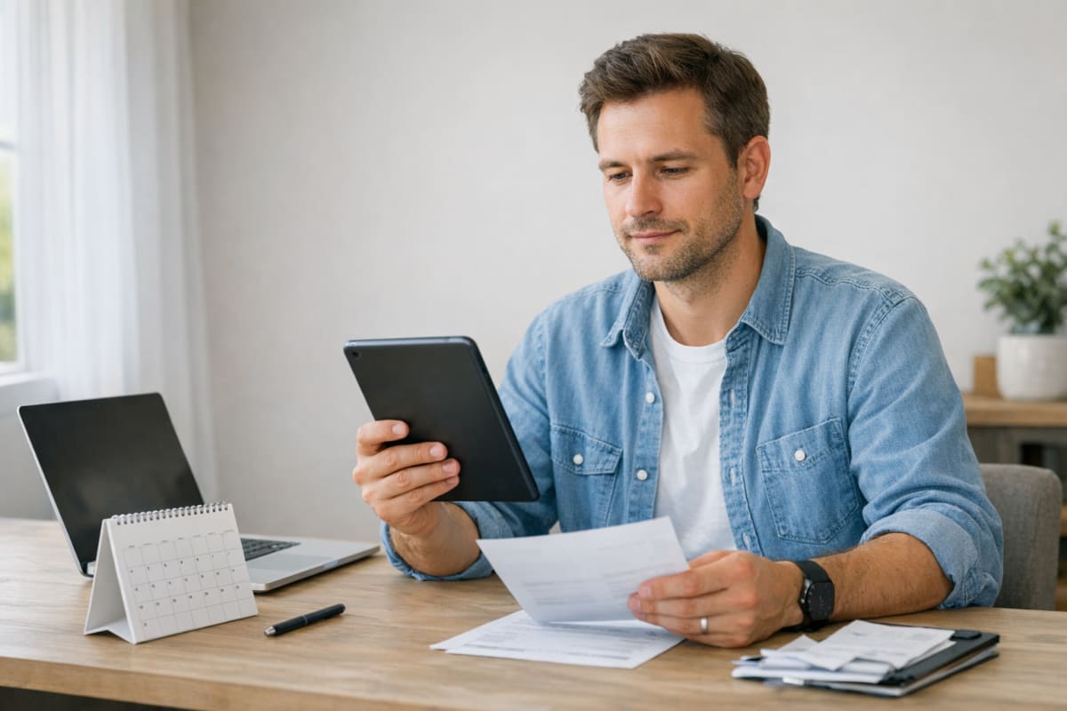 A small business owner reviews an invoice on a tablet at a tidy home-office desk with a paper calendar and laptop visible in soft natural daylight.
