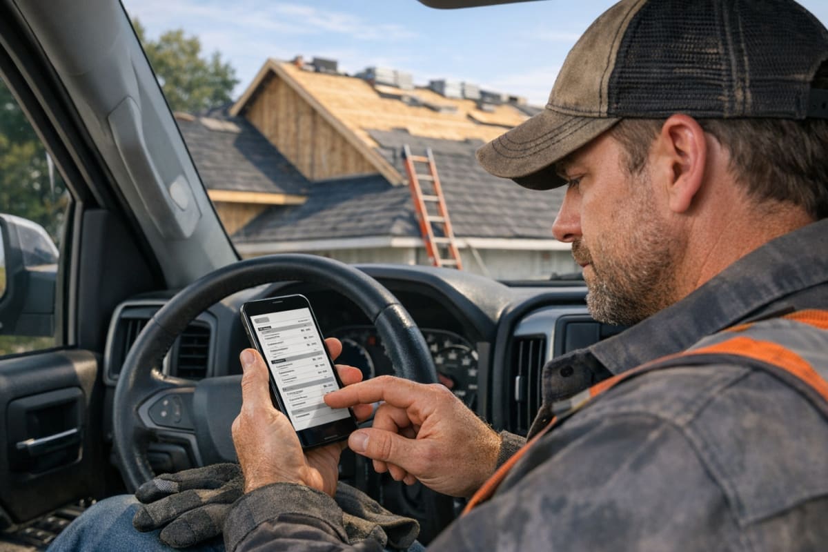 A roofing contractor reviewing a progress invoice on a smartphone while sitting in a work truck at a job site with a partially completed roof in the background.