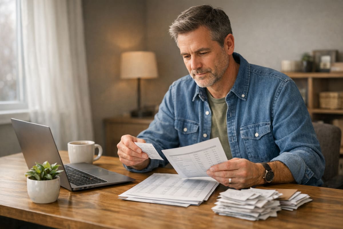 Small business owner reviewing organized receipts and an expense ledger at a tidy modern desk in soft natural light during tax season.