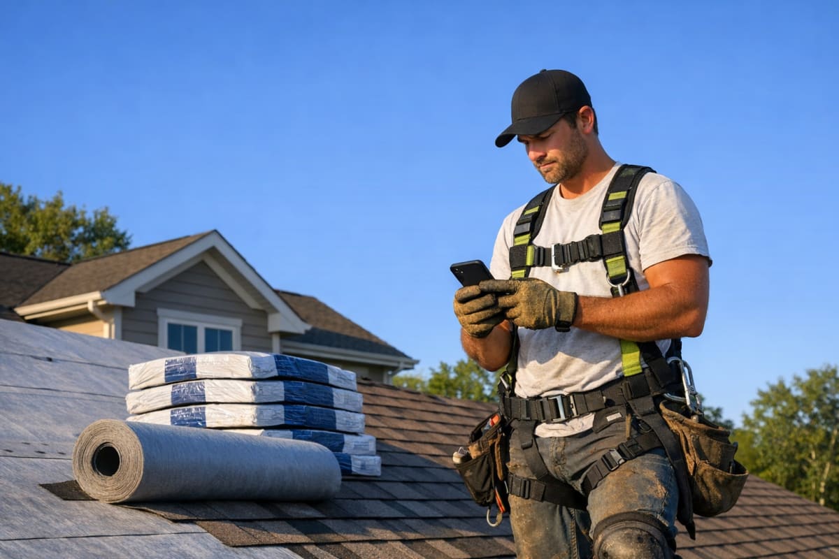 Roofing contractor in safety harness on a partially shingled residential roof reviewing job notes on a smartphone with shingle bundles and underlayment visible nearby.