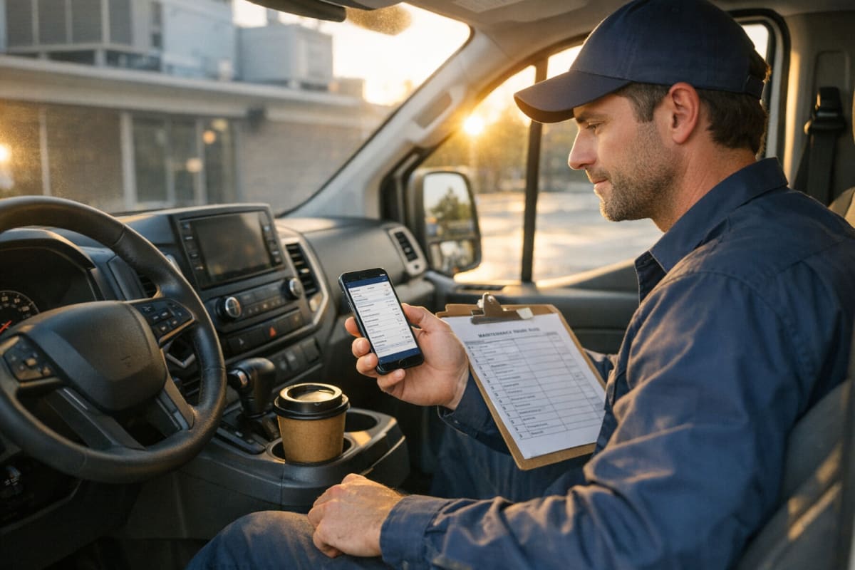 HVAC technician sitting in his service van in the early morning reviewing his monthly maintenance billing on a smartphone with a route clipboard beside him.