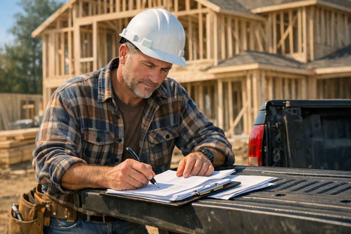 Construction contractor reviewing lien waiver and payment paperwork on the tailgate of a pickup truck at an active residential framing job site.