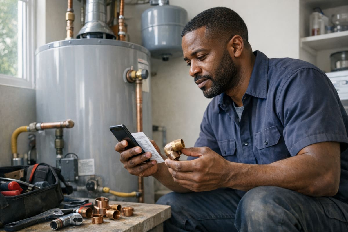 HVAC technician kneeling next to a water heater, checking a parts price list on a phone while holding a pipe fitting