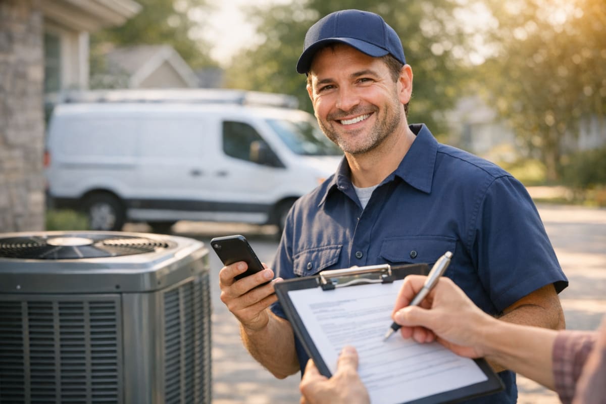 HVAC technician on a suburban driveway holding a smartphone and service agreement clipboard while a homeowner signs a maintenance contract beside an outdoor air conditioning unit.