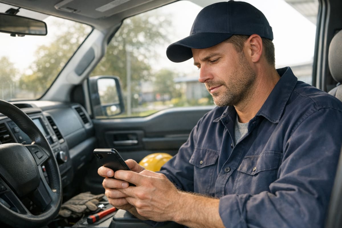 A male contractor reviewing his invoice terms on a smartphone while sitting in the cab of his work truck.