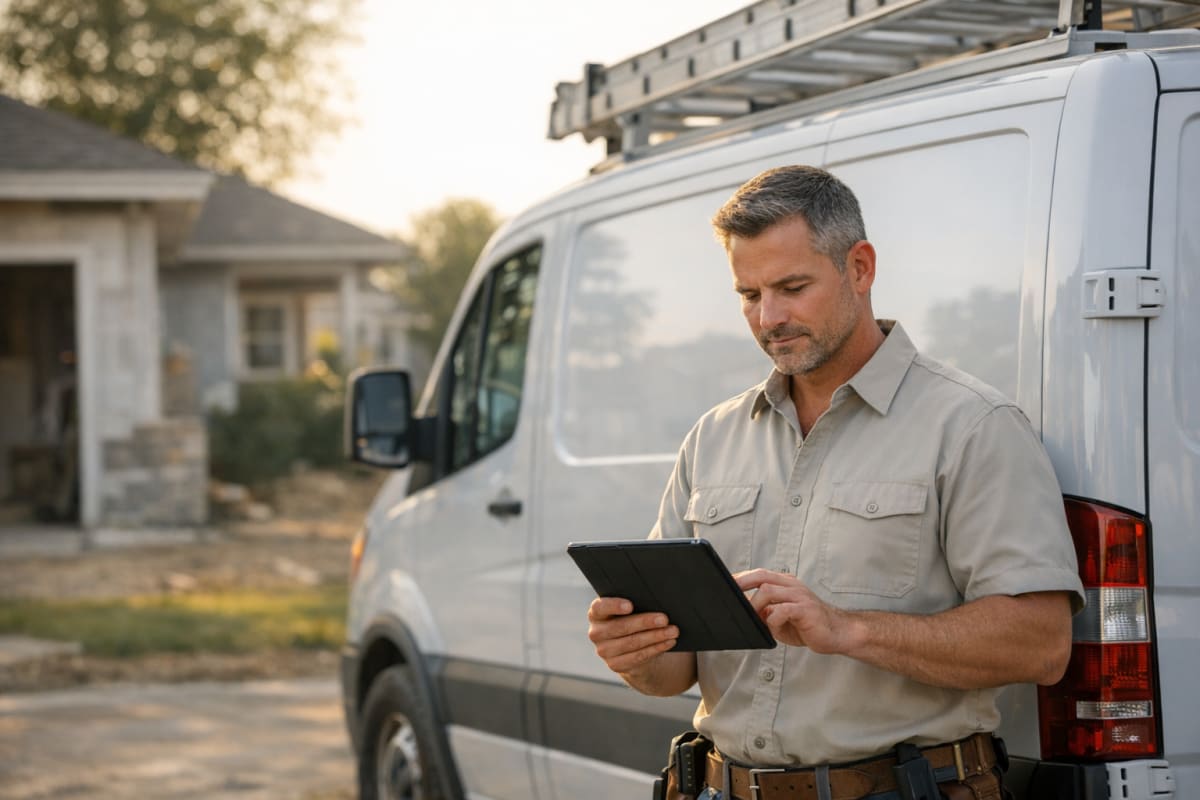 Contractor reviewing insurance paperwork on a tablet next to a branded service van at a residential job site in late-afternoon light.
