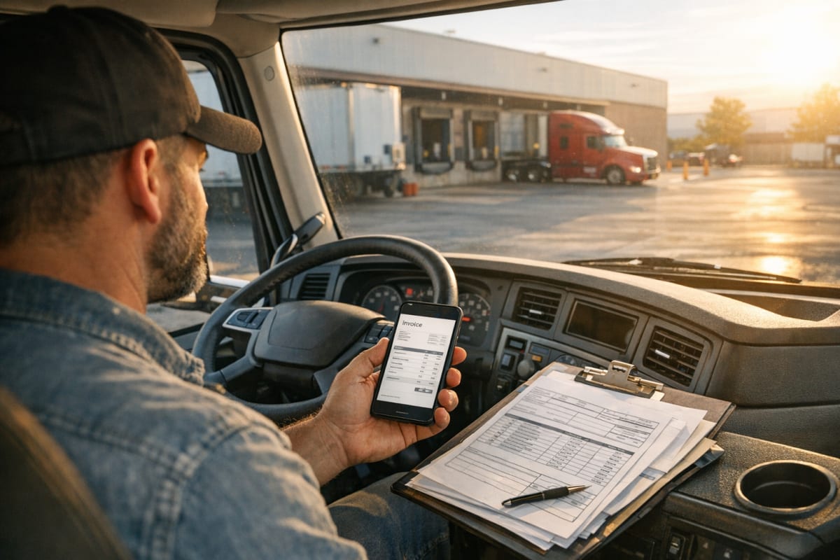 Owner-operator in the cab of a modern semi-truck reviewing a freight invoice on a smartphone with a Bill of Lading on the dashboard and a warehouse loading dock visible through the windshield in late afternoon sun.