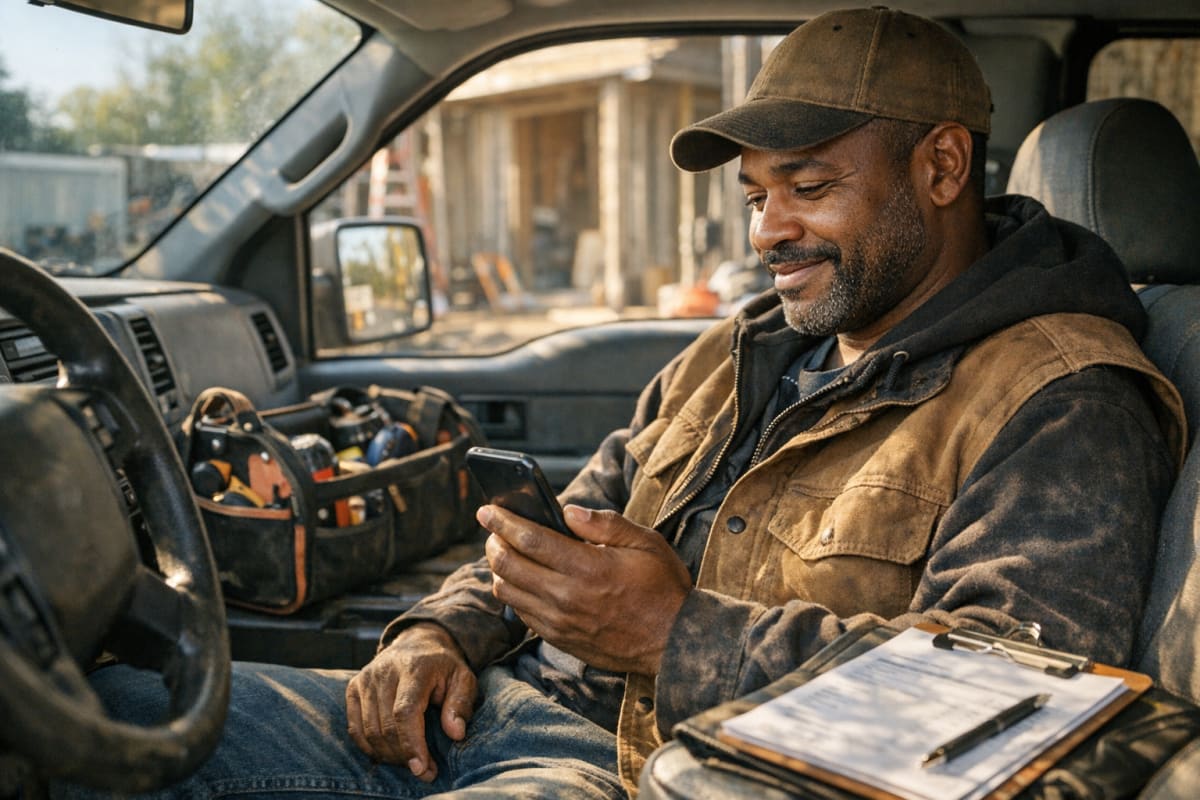 A contractor in work clothes reviews a tax invoice on a smartphone in the cab of a work truck at a job site, with tools visible nearby