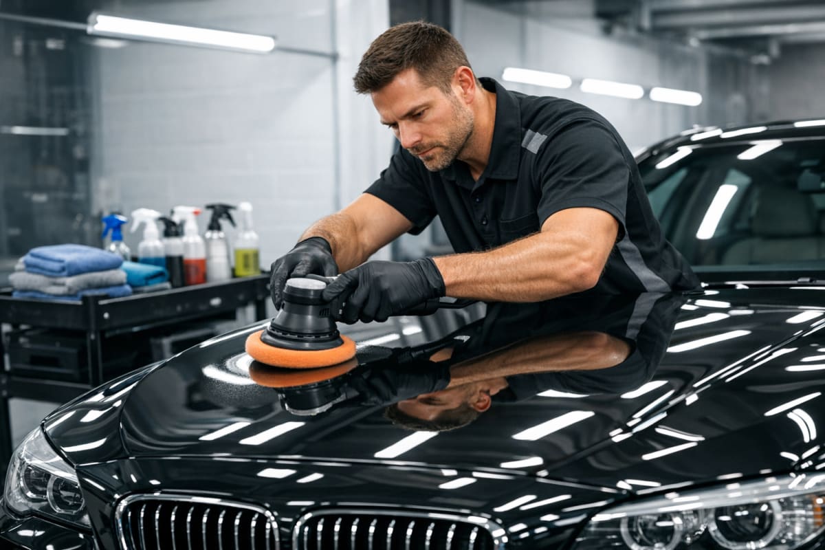 Professional car detailer polishing the hood of a luxury sedan with a buffer in a clean modern detailing bay, with microfiber towels and detail spray bottles on a rolling cart and bright shop lighting reflecting off the gleaming paint.