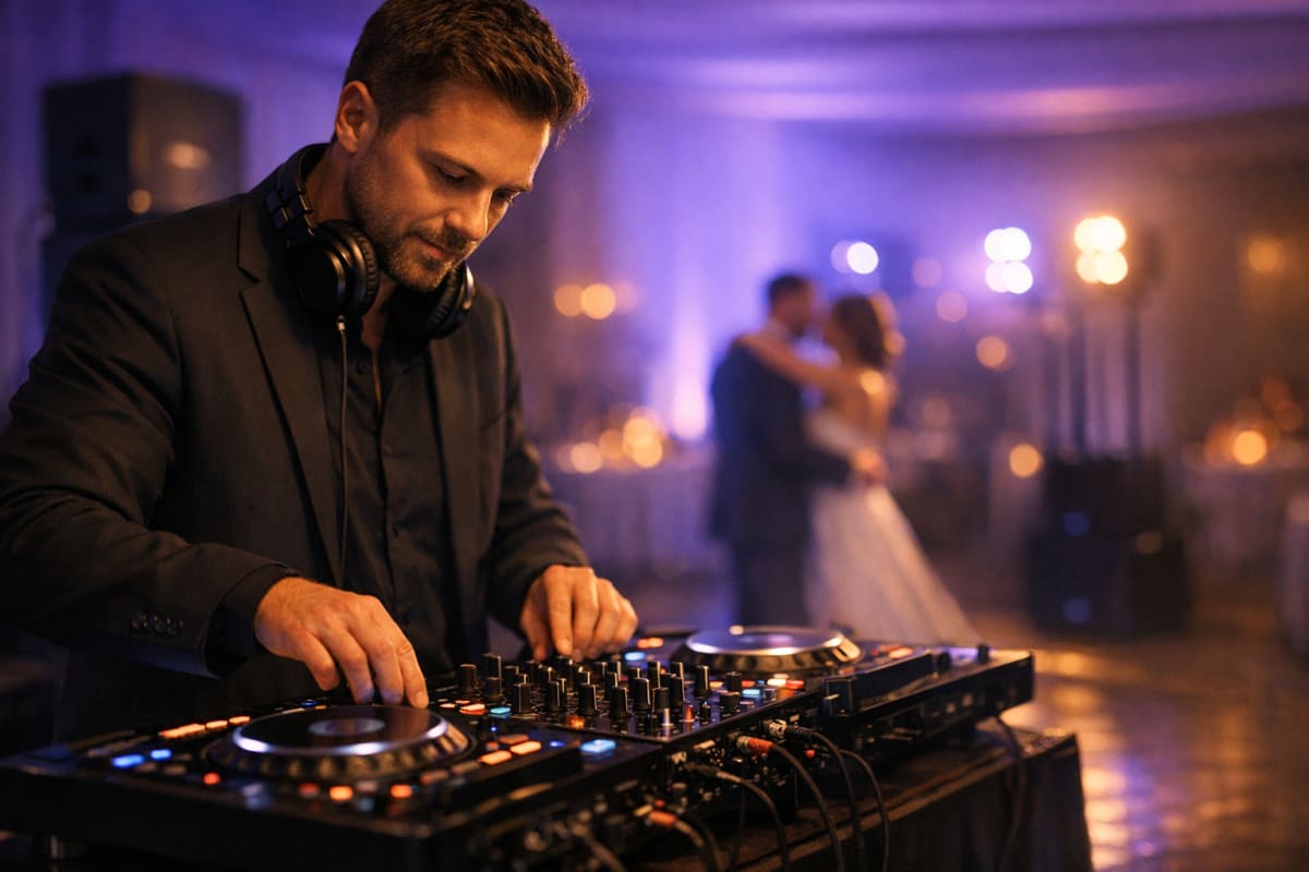 A professional wedding DJ mixing on a controller at a modern reception venue with purple and blue uplighting, speakers and LED fixtures visible in the background.