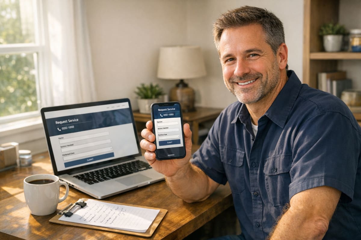 A service business owner sitting at a sunlit home-office desk holding a smartphone that shows a simple service business website while an open laptop nearby displays the same site, with a coffee mug and a clipboard of job notes on the desk.