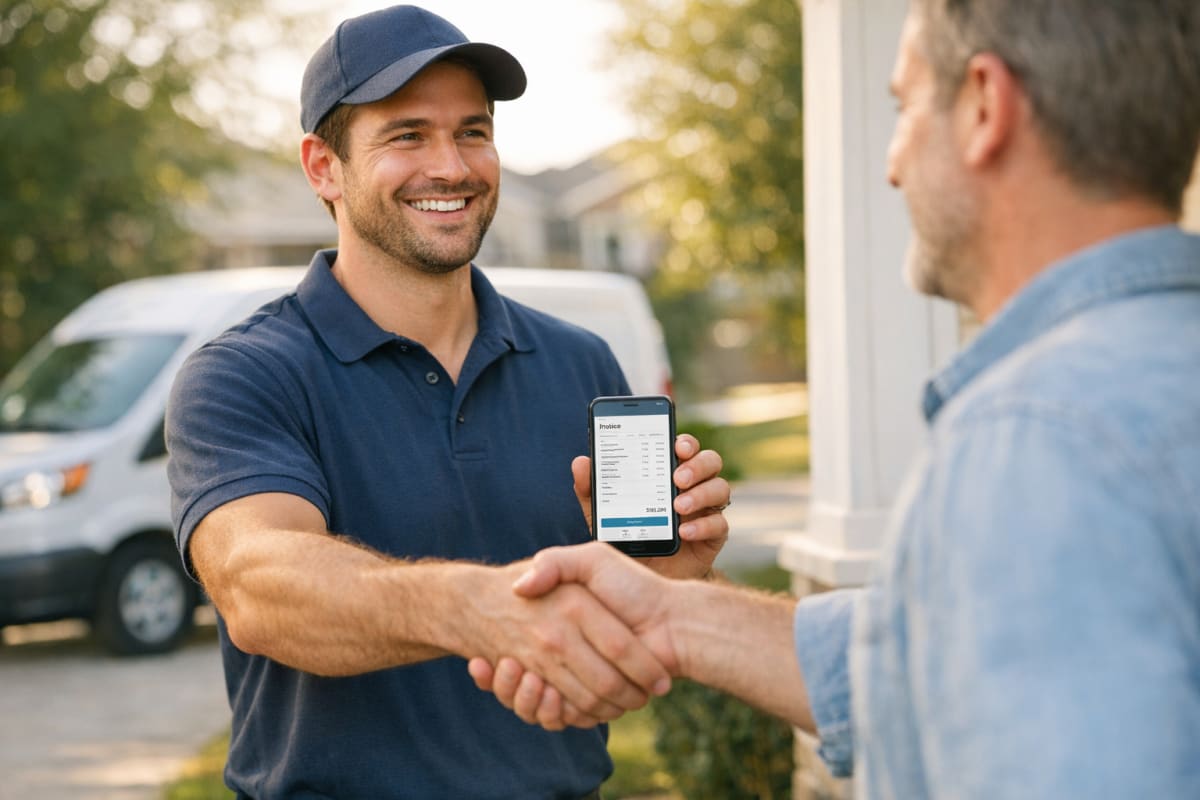 Service business owner shaking hands with a new client on a residential front porch while holding a phone showing a digital invoice, branded service van in the driveway behind them.