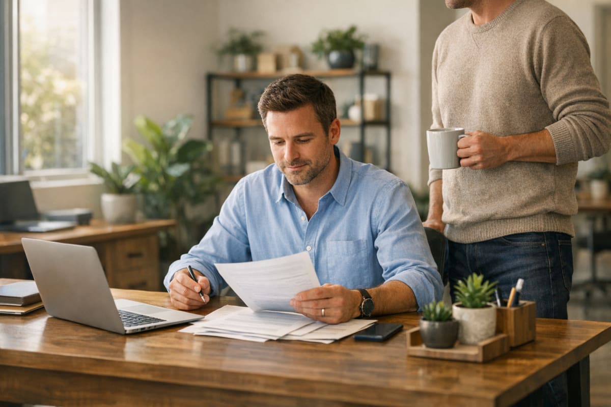 A small business owner reviews paperwork at a wood desk while a second person stands beside them holding coffee in a softly lit modern workspace.