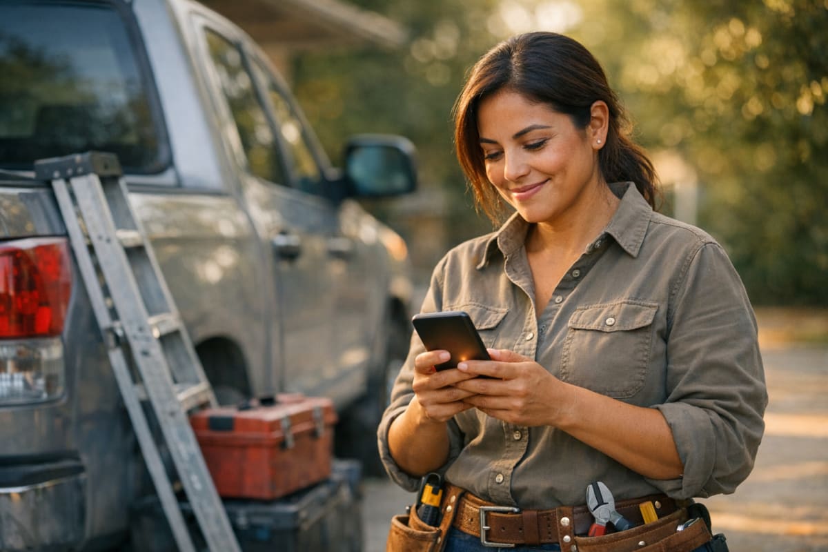 Contractor in work gear checks phone showing bank deposit notification at residential job site