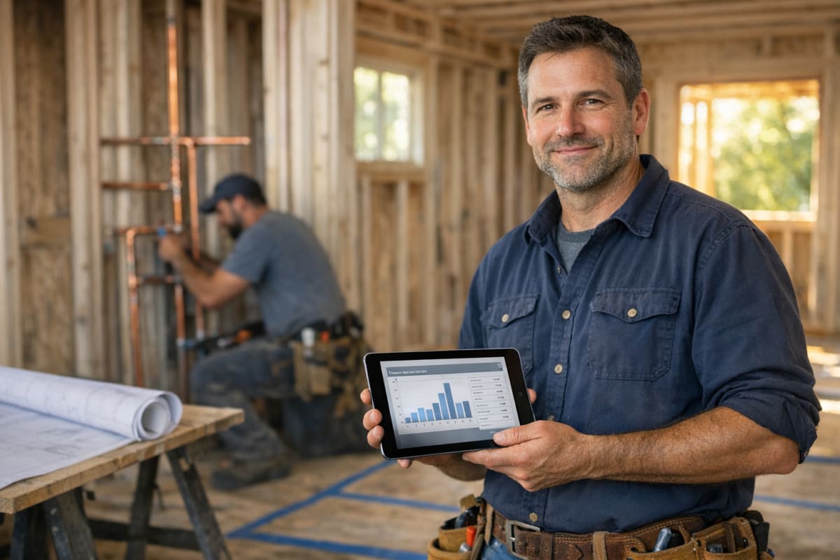 A general contractor stands on a residential remodel job site holding a tablet while a plumbing subcontractor works on pipe rough-in in the framed background.