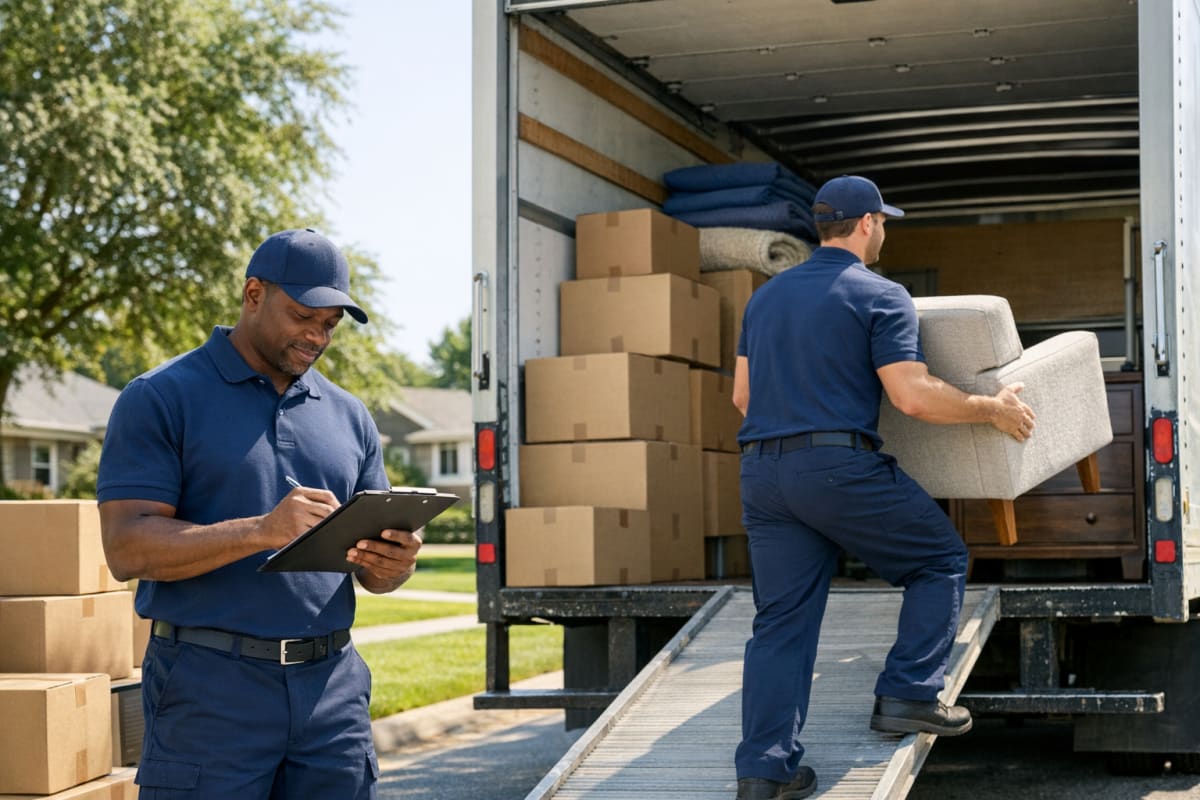 Two movers in branded uniforms loading furniture into a moving truck on a sunny suburban street, one holding a clipboard reviewing paperwork, neatly stacked boxes visible nearby.