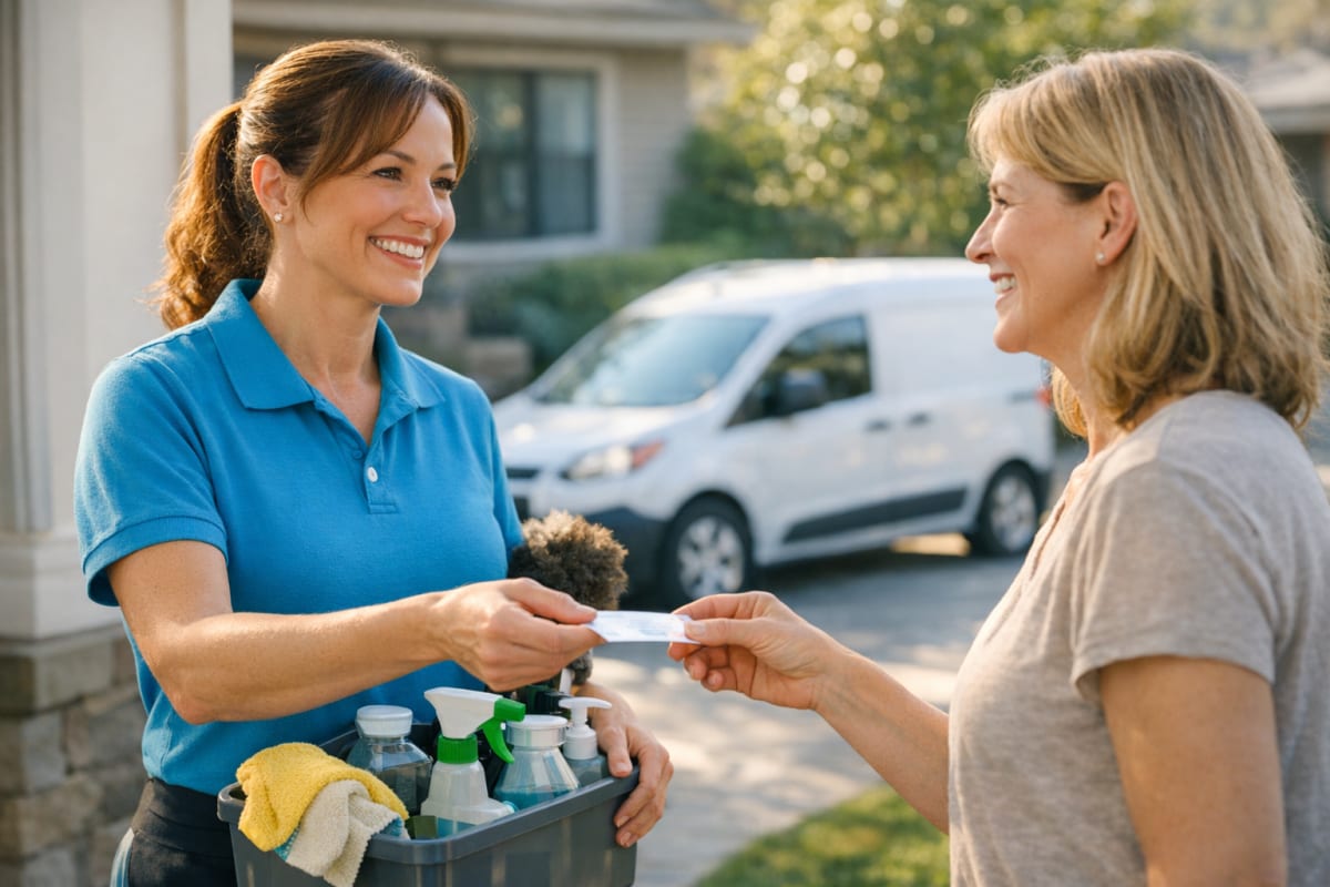 A house cleaner in a branded polo shirt hands a printed referral card to a smiling neighbor on a sunny suburban front porch.