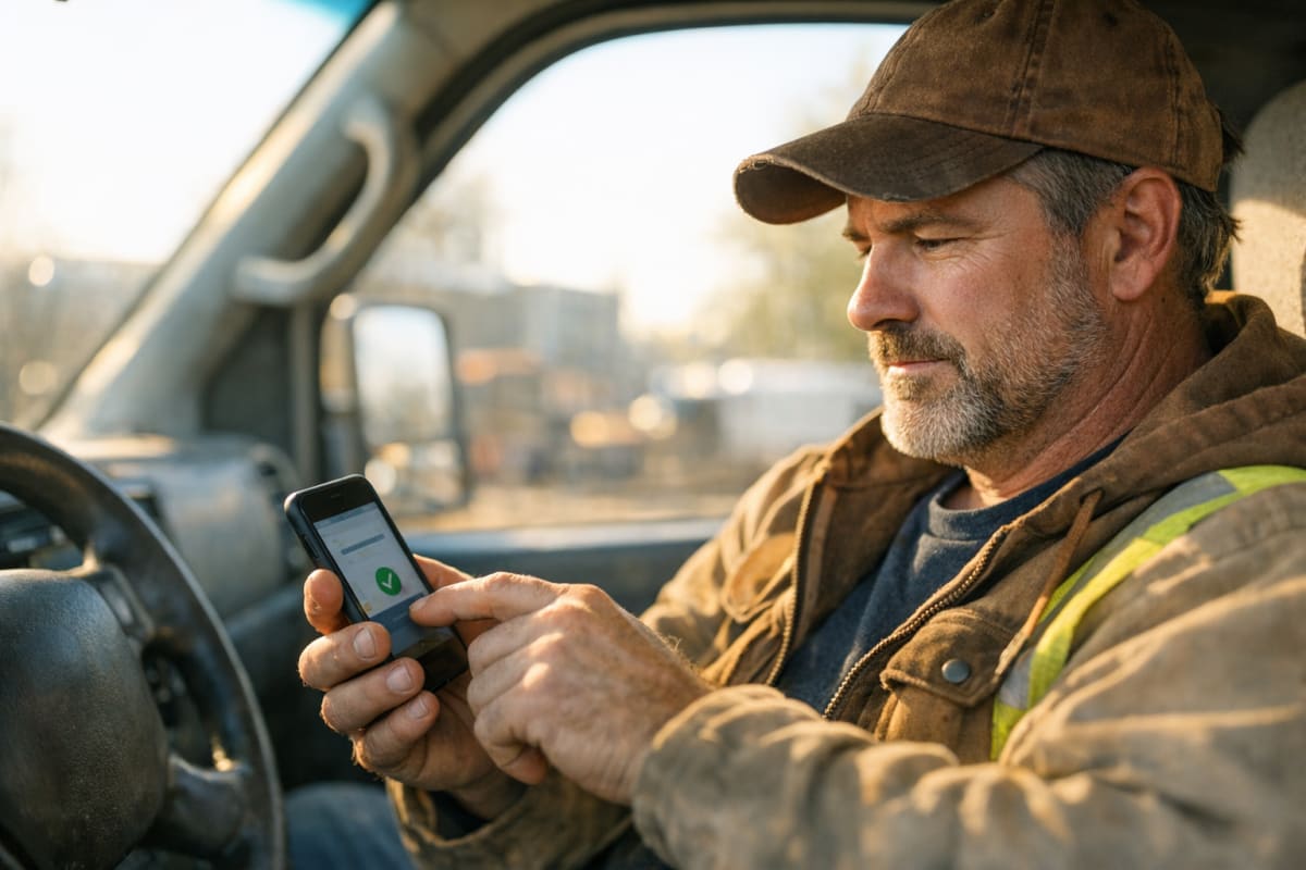 A contractor sits in a truck cab using a smartphone to review a paid invoice in natural daylight.