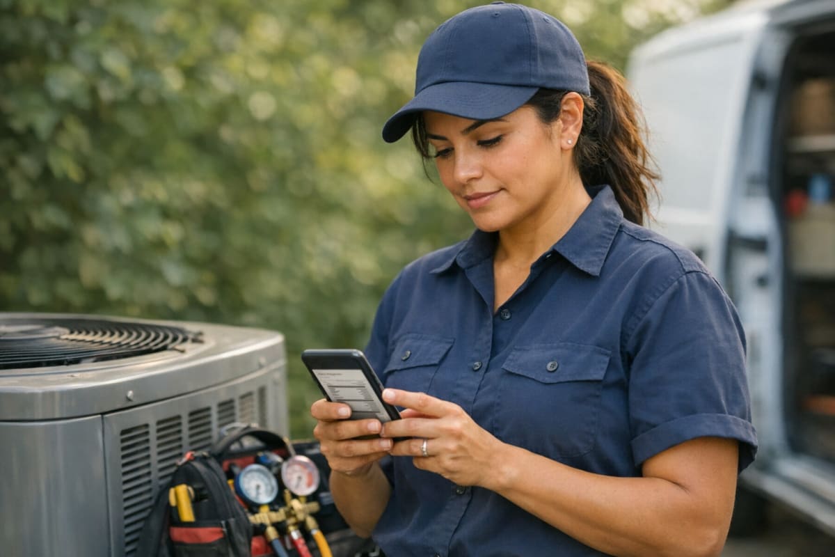 A field service technician reviewing a digital invoice on a smartphone at a job site