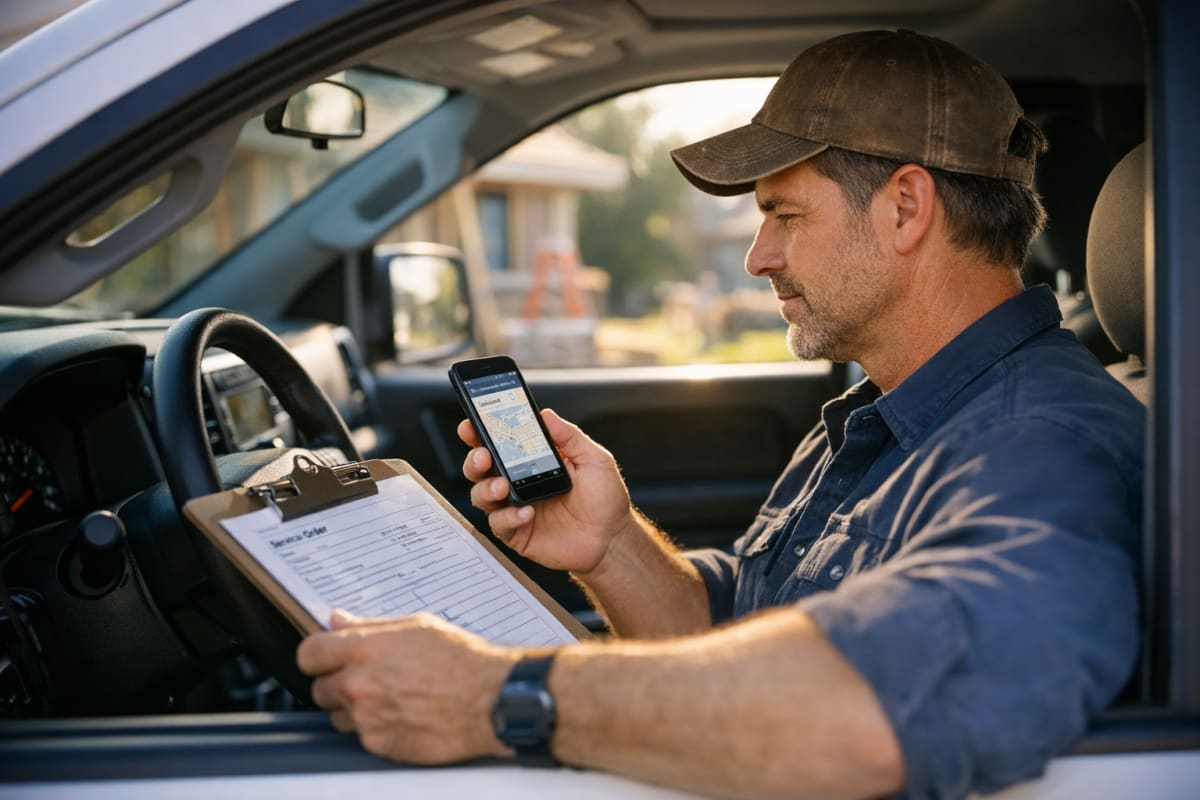 A small business contractor in a pickup truck checks a phone-based mileage tracker app at a residential job site in soft natural daylight.