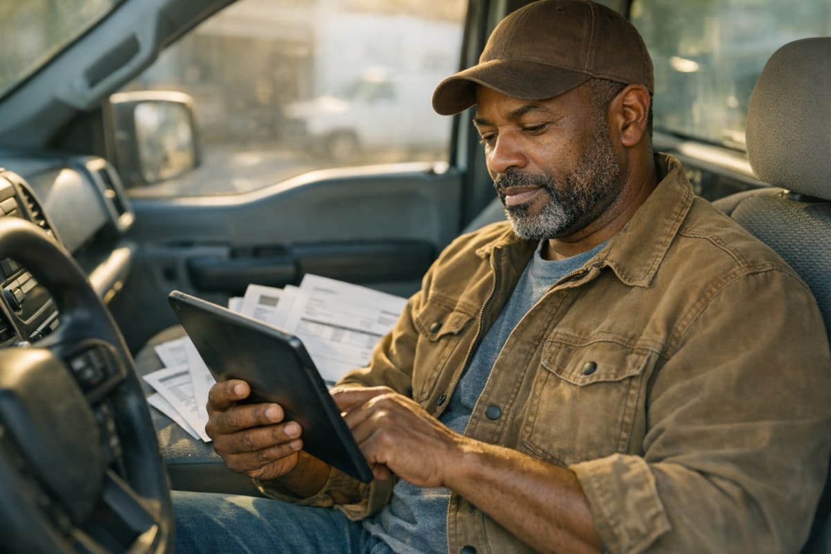 A contractor sits in a work truck reviewing several different invoice documents on a tablet, with printed invoices of varying formats stacked on the seat beside them.