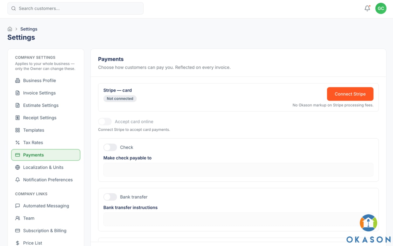 Settings Payments pane with the Stripe card showing Not connected and a Connect Stripe button