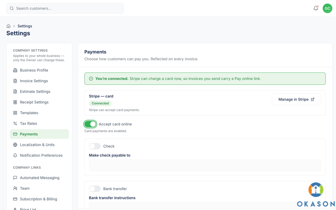 Settings Payments pane with a You're connected banner and the Stripe card marked Connected