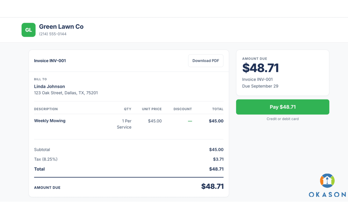 Customer invoice page showing the line items, the total and a Pay button for the amount due