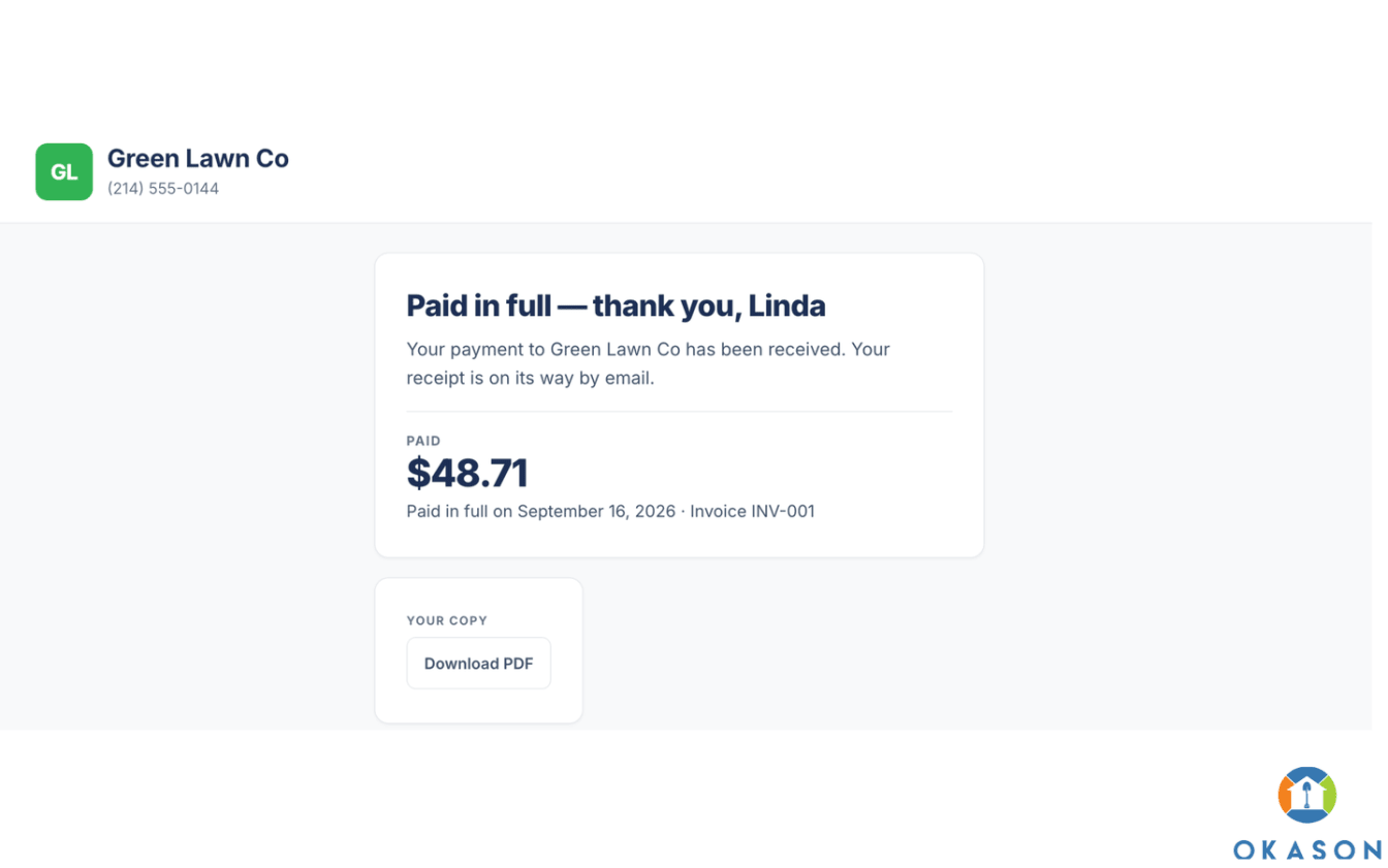 Customer confirmation page reading Paid in full with the amount and a Download PDF button