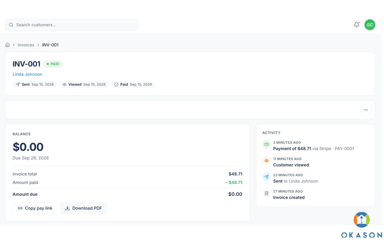 Invoice detail showing a PAID badge, a zero balance and the payment in the Activity list