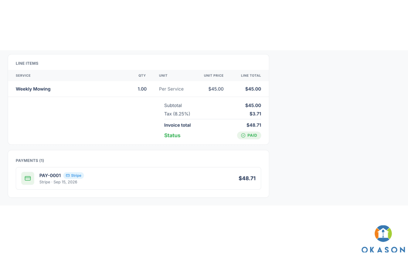 Invoice detail Payments card listing the Stripe payment and its amount