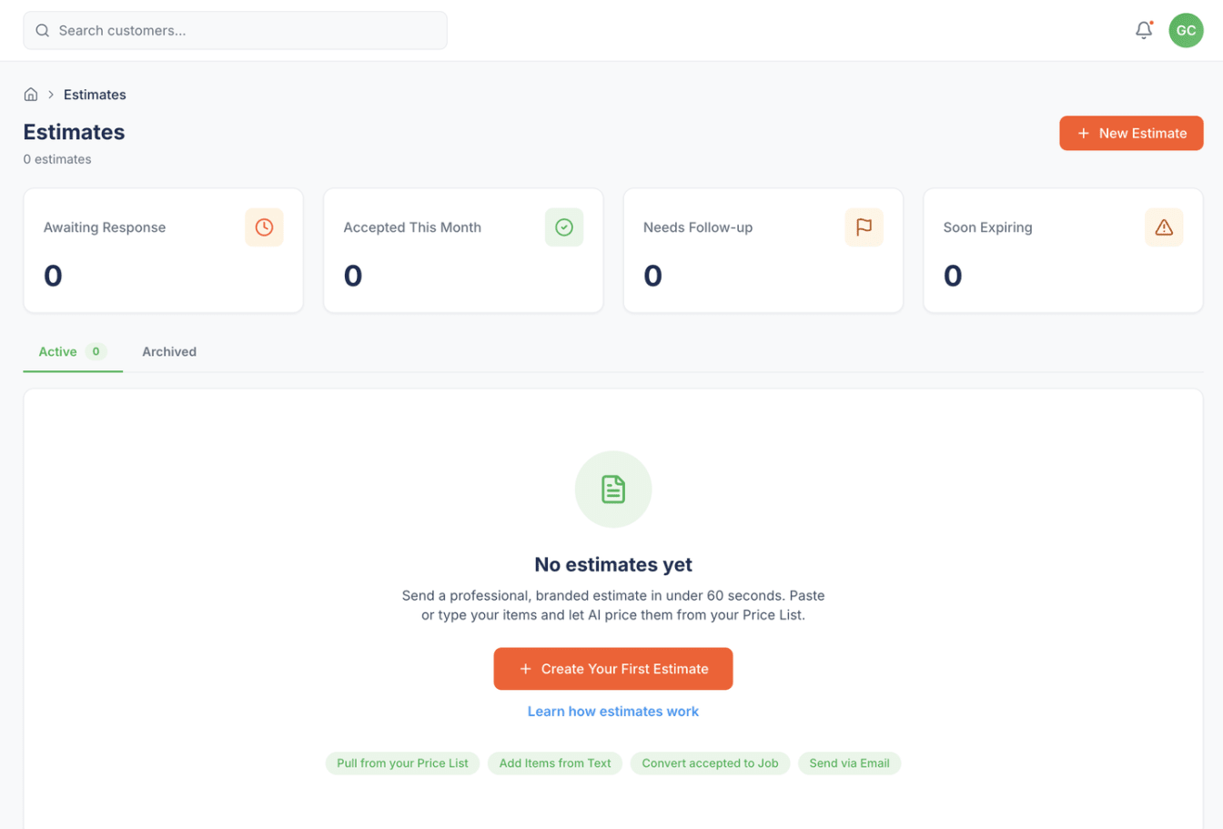 The Estimates page with the New Estimate button in the top-right corner